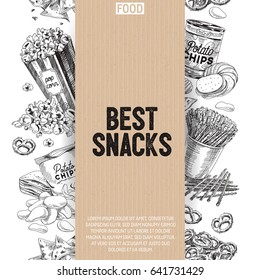 Vector hand drawn snack and junk food Illustration. Seamless border. Vintage style sketch background.