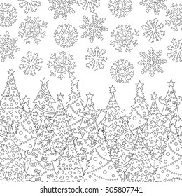 Vector hand drawn snowflakes  Christmas tree illustration for adult coloring book  Freehand sketch for adult anti stress coloring book page and doodle   zentangle elements 