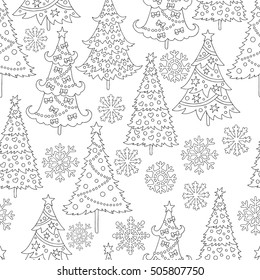 Vector hand drawn snowflakes, Christmas tree illustration for adult coloring book. Freehand sketch for adult anti stress coloring book page with doodle and zentangle elements.