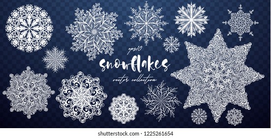 Vector hand drawn Snowflakes collection. Merry Christmas and Happy New Year snow flake decoration, snowflake silhouette set, shapes, line art. Vector Snowflakes illustration.