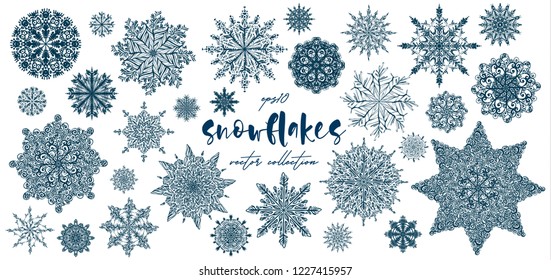 Vector hand drawn Snowflakes collection. Merry Christmas and Happy New Year snow flake decoration, snowflake silhouette set, shapes, line art. Vector Snowflakes illustration.