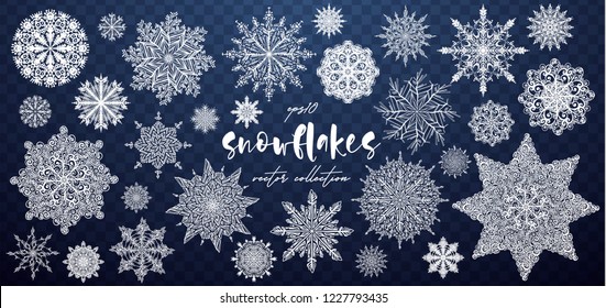 Vector hand drawn Snowflakes collection. Merry Christmas and Happy New Year snow flake decoration, snowflake silhouette set, shapes, line art. Vector Snowflakes illustration.