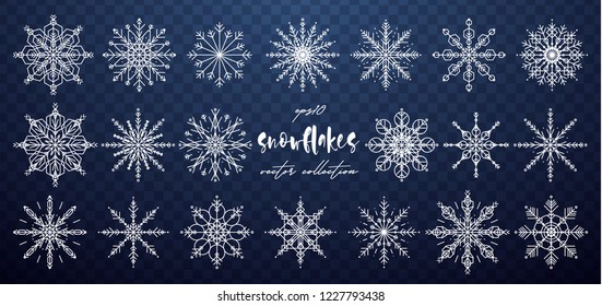 Vector hand drawn Snowflakes collection. Merry Christmas and Happy New Year snow flake decoration, snowflake silhouette set, shapes, line art. Vector Snowflakes illustration.