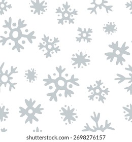 Vector hand drawn snowflakes seamless pattern. Christmas, new year, holidays gray snow on white background. Winter silver texture for print, design, fabric, decor, gift, wrapping paper, backgrounds