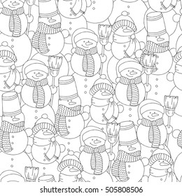 Vector hand drawn snowman illustration for adult coloring book. Freehand sketch for adult anti stress coloring book page with doodle and zentangle elements.