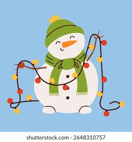 Vector hand drawn snowman. Winter cheerful character holding a garland, isolated on blue background