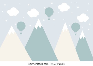 Vector hand drawn snowy mountains with clouds, balloons and stars. Lovely children's wallpaper, decor on the wall. Scandinavian style.