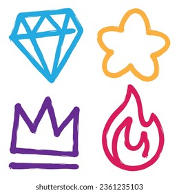 Zeichnen Sie handgezeichnete Symbole sozialer Medien. Diamant, Stern, Krone, Flamme.