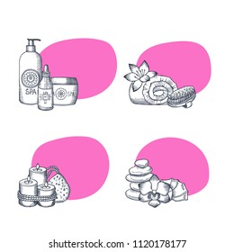 Vector hand drawn spa elements stickers set with place for text illustration