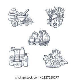 Vector hand drawn spa elements piles of set illustration isolated on white