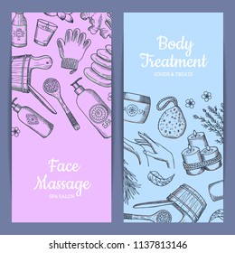 Vector hand drawn spa elements bathtub and bottle, vertical web banners illustration