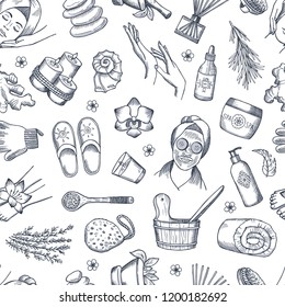 Vector hand drawn spa elements background or pattern illustration. Spa pattern, beauty and care