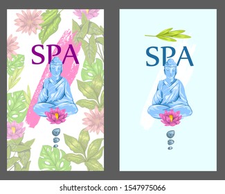 Vector hand drawn spa template with sitting Buddha statue, lotus, pebbles and leaves. Tropical concept for flyers, massage and wellness salons, spa centers, beauty shops, etc.