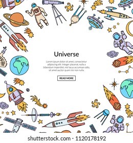 Vector hand drawn space elements rocket and planet background with place for text illustration