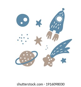 Vector Hand drawn space elements pattern. Space background. Space doodle scandinavian illustration. Cartoon space rockets, planets, stars.