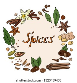 Vector hand drawn spices wreath isolated on white background