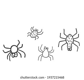 Vector hand drawn spiders and spiderweb on white background. Doodle illustration