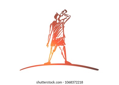 Vector hand drawn sport time concept sketch. Man in sport clothing standing and drinking water from bottle.