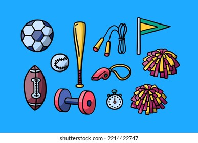 Vector hand drawn sports colorful doodles set. Includes cute pom poms, flag, football soccer balls, baseball bat, whistle, dumbbell and jumping rope.
