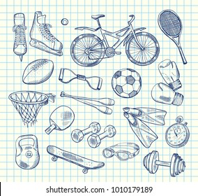 Vector hand drawn sports equipment on notebook cell sheet illustration