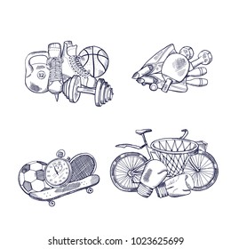 Sports Equipment and Accessories. Vector Hand-drawing in Cartoon