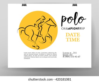 Vector hand drawn sportsman silhouette. Horse rider, polo player. Flat sport advertising design template. Placard, poster, banner, leaflet, card. Human figure.