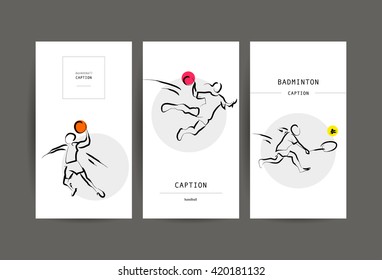 Vector hand drawn sportsman silhouette. Flat sport advertising design template collection. Basketball, handball, badminton. Placard, poster, banner, leaflet, card. Human figure.