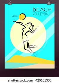 Vector hand drawn sportsman silhouette. Volleyball girl player. Flat sport advertising design template. Placard, poster, banner, leaflet, card. Human figure.