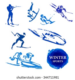 Vector hand drawn sportsmen sketch set. Athlete figure isolated. Sport poster, placard, banner, card, advertising illustration.  Sky, snowboard, free style, biathlon, bobsled sportsman active.