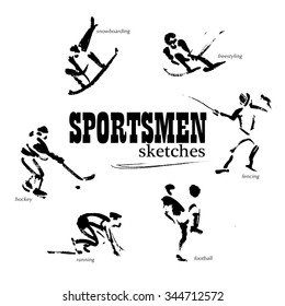 Vector hand drawn sportsmen sketch set isolated on white backdrop. Ink drawing. Sportsman silhouette illustration. Sport logo, magazines, journal articles, print design, poster, placards, advertising.