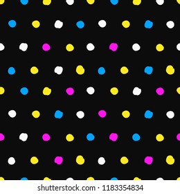 Vector hand drawn spot dots abstract graffiti seamless pattern isolated from black background. Fashion spots background for print fabric and textile design