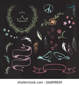 Vector hand drawn spring graphic set on blackboard. Birds, flowers, ribbons, wreath and feathers
