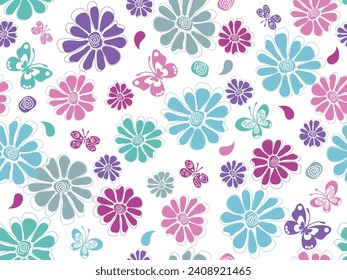 Vector hand drawn spring seamless pattern with pastel flowers and butterflies on a transparent background