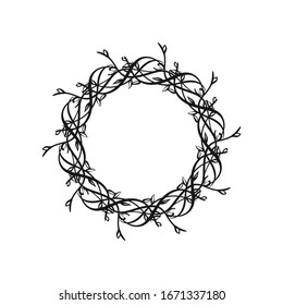La corona elástica dibujada a mano del vector aislada sobre fondo blanco. Esquema de rama de sauce. Estilo Doodle. Marco floral.