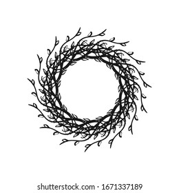 Vektorillustration, handgezeichnet, Feder einzeln auf weißem Hintergrund. Umriss-Weidenzweig. Doodle-Stil. Blumenrahmen.