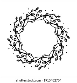 Vector hand drawn spring wreath isolated on white background. Outline circle of leaves. Doodle style. Floral frame.
