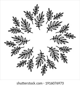 Vector hand drawn spring wreath isolated on white background. Outline circle of leaves. Doodle style. Floral frame.