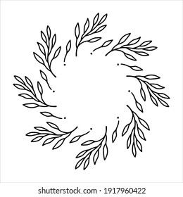 La corona elástica dibujada a mano del vector aislada sobre fondo blanco. Contorno de círculo de hojas. Estilo Doodle. Marco floral.