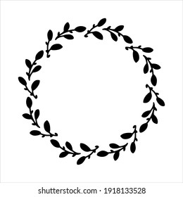 Vector hand drawn spring wreath isolated on white background. Silhouette circle of leaves. Doodle style. Floral frame.