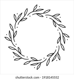 Vector hand drawn spring wreath isolated on white background. Outline circle of leaves. Doodle style. Floral frame.
