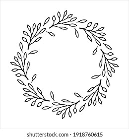 Vector hand drawn spring wreath isolated on white background. Outline circle of leaves. Doodle style. Floral frame.