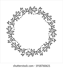 Vector hand drawn spring wreath isolated on white background. Outline circle of leaves. Doodle style. Floral frame.