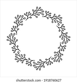 Vector hand drawn spring wreath isolated on white background. Outline circle of leaves. Doodle style. Floral frame.