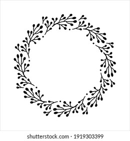 Vector Hand Drawn Spring Wreath Isolated On White Background. Silhouette Circle Of Leaves. Doodle Style. Floral Frame.