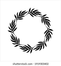 La corona elástica dibujada a mano del vector aislada sobre fondo blanco. Círculo de silueta de hojas. Estilo Doodle. Marco floral.
