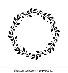 Vector hand drawn spring wreath isolated on white background. Silhouette circle of leaves. Doodle style. Floral frame.