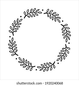 Vector Hand Drawn Spring Wreath Isolated On White Background. Outline Circle Of Leaves. Doodle Style. Floral Frame.