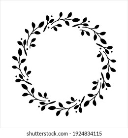 Vector hand drawn spring wreath isolated on white background. Silhouette circle of leaves. Doodle style. Floral frame.