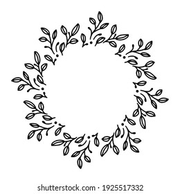 Vector hand drawn spring wreath isolated on white background. Outline circle of leaves. Doodle style. Floral frame.