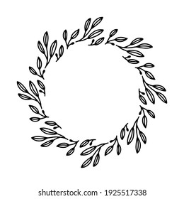 Vector hand drawn spring wreath isolated on white background. Outline circle of leaves. Doodle style. Floral frame.